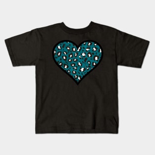 Peacock Blue, Black and White Leopard Print Heart Kids T-Shirt